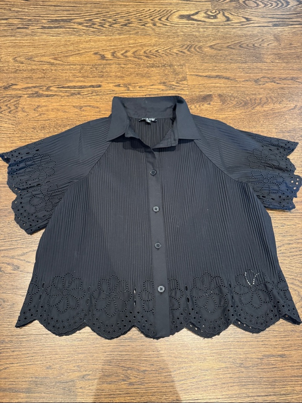 Black Eyelet Hem Button-Front Women's Top